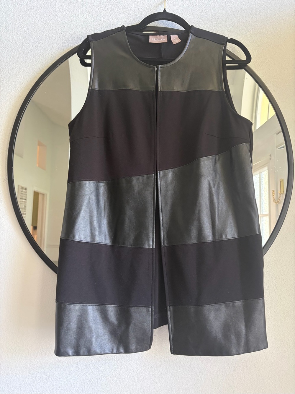 Womenβs Chico's Black faux Sleeveless Faux Leather-Panel Vest